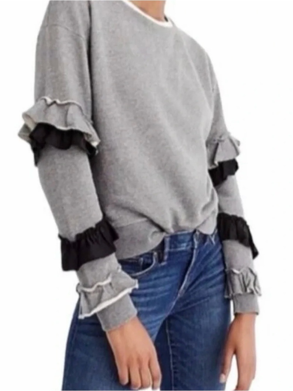 J. Crew Heather Gray Sweatshirt Ruffled Sleeves Black Satin Ruffle Accent Sz M